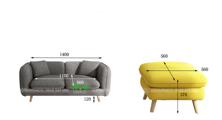 Kích thước chi tiết của mẫu ghế sofa băng thiết kế dạng tròn mềm mại